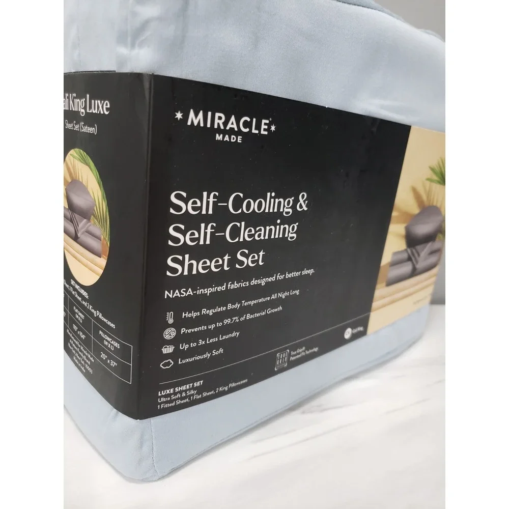 Miracle Made Luxe California King Blue Sateen Sheet Set Cooling Self-Cleaning